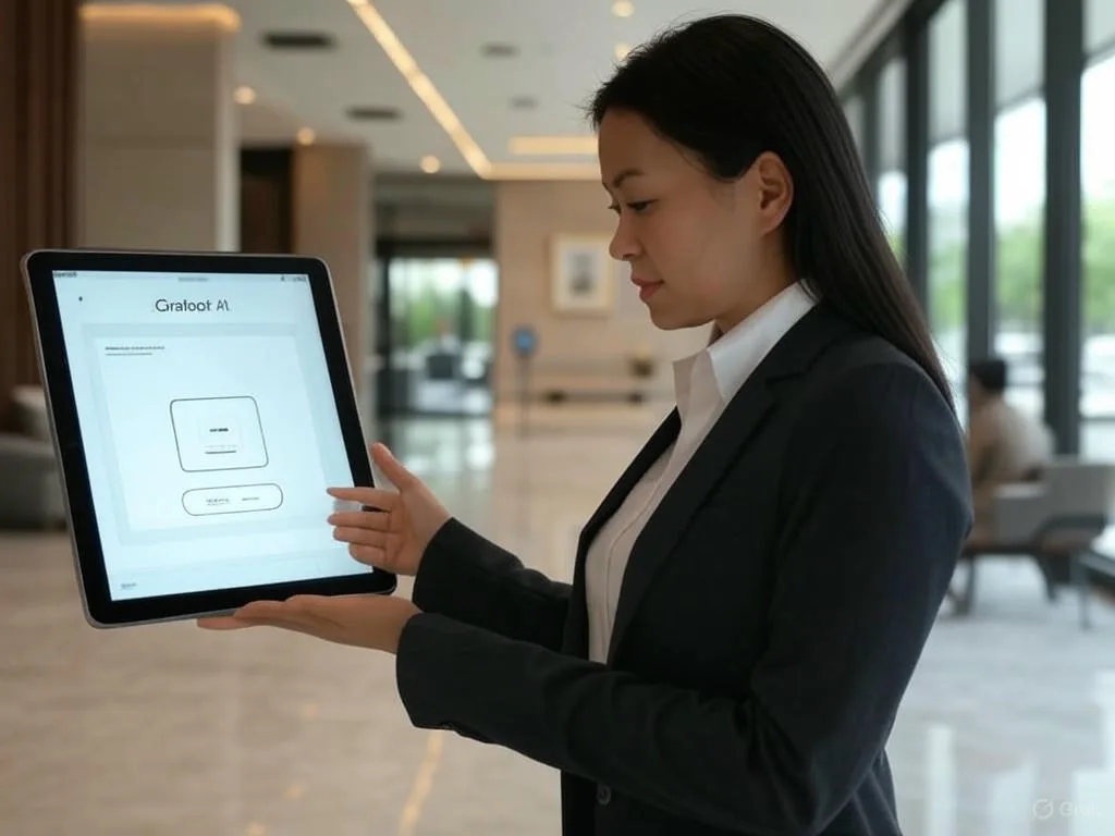 Khách hàng Việt Nam đang tương tác với chatbot du lịch trên máy tính bảng trong sảnh khách sạn hiện đại để đặt chỗ và dịch vụ.