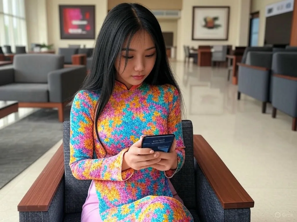 Một phụ nữ trẻ người Việt đang sử dụng điện thoại để tương tác với chatbot du lịch trong sảnh khách sạn hiện đại, màn hình hiển thị \