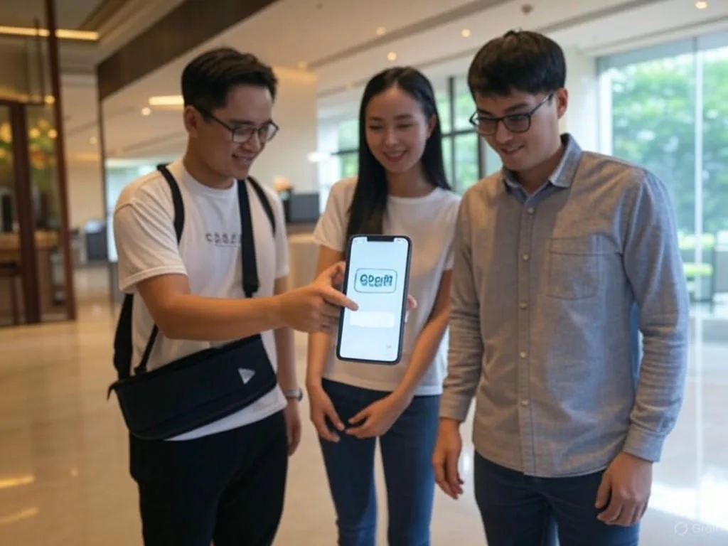 Hình ảnh sảnh khách sạn hiện đại ở Việt Nam với ba người châu Á đang tương tác với chatbot du lịch trên điện thoại thông minh, hiển thị giao diện đơn giản \