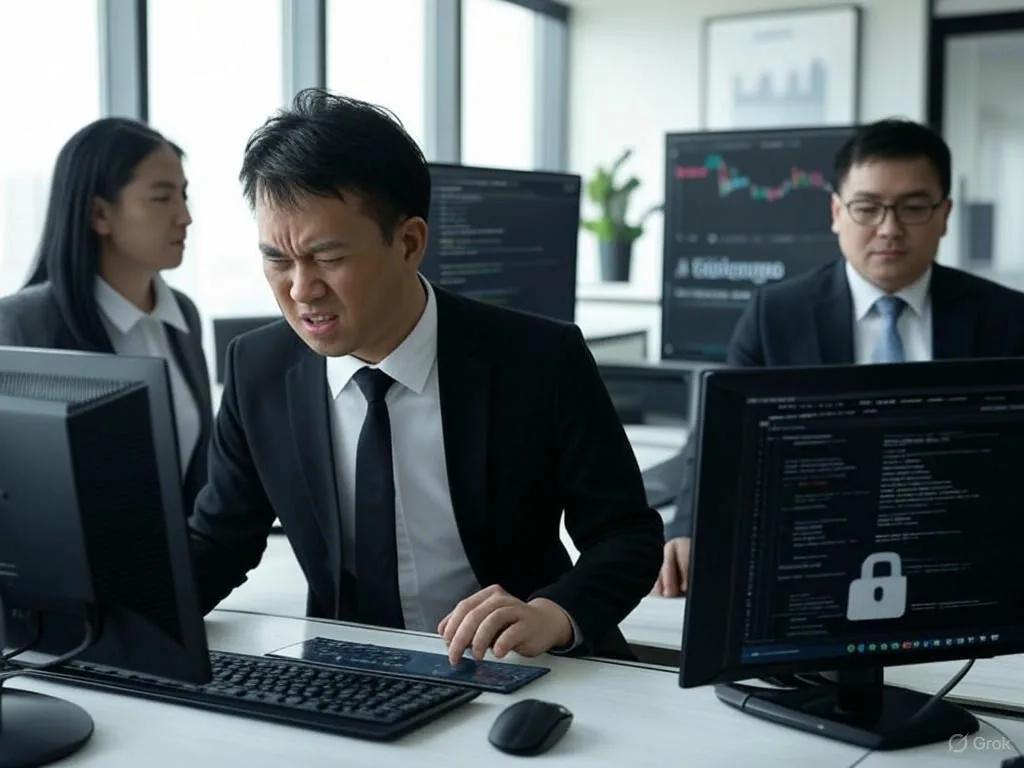 Ba chuyên gia Việt Nam đang hợp tác trong văn phòng hiện đại để phát triển chatbot du lịch, với một người kiểm tra mã, một người xem thư mục dữ liệu an toàn có biểu tượng khóa, và một người phân tích biểu đồ tài chính với biểu cảm bực bội, kèm chữ \
