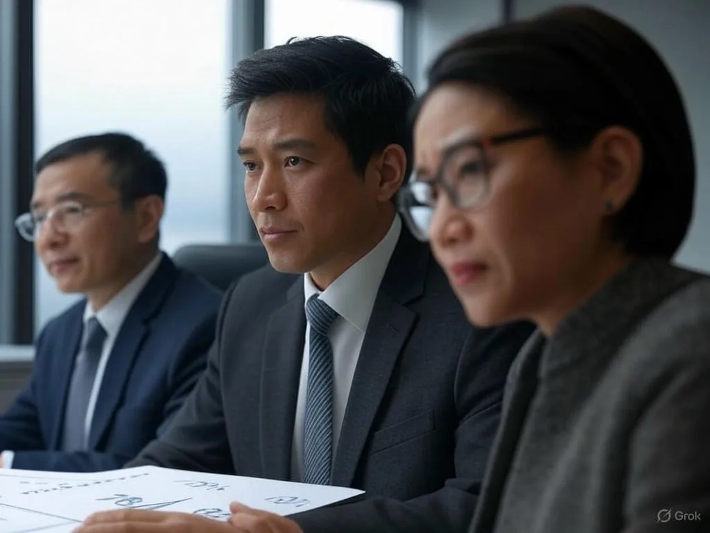 Ba chuyên gia Việt Nam đang thảo luận thách thức trong việc xây dựng đội ngũ dịch vụ khách hàng với chatbot B2B, trông suy tư và căng thẳng, cùng các số 78%, 65% và 42% trên biểu đồ bàn.
