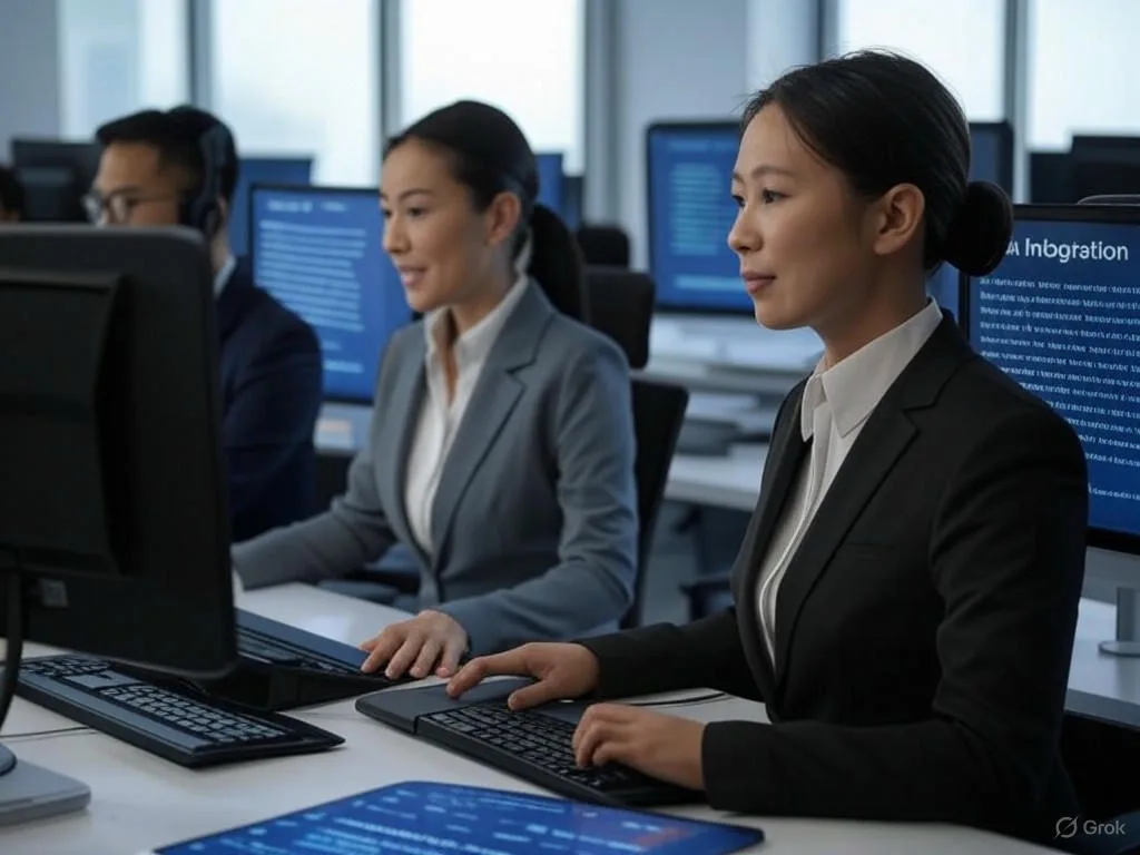 Hình ảnh trung tâm dịch vụ khách hàng hiện đại với ba nhân viên Việt Nam hợp tác trên các hệ thống tích hợp AI, bao gồm chatbot B2B trên màn hình hiển thị phân tích dữ liệu và thông điệp cá nhân hóa, nhấn mạnh tự động hóa và hiệu quả.