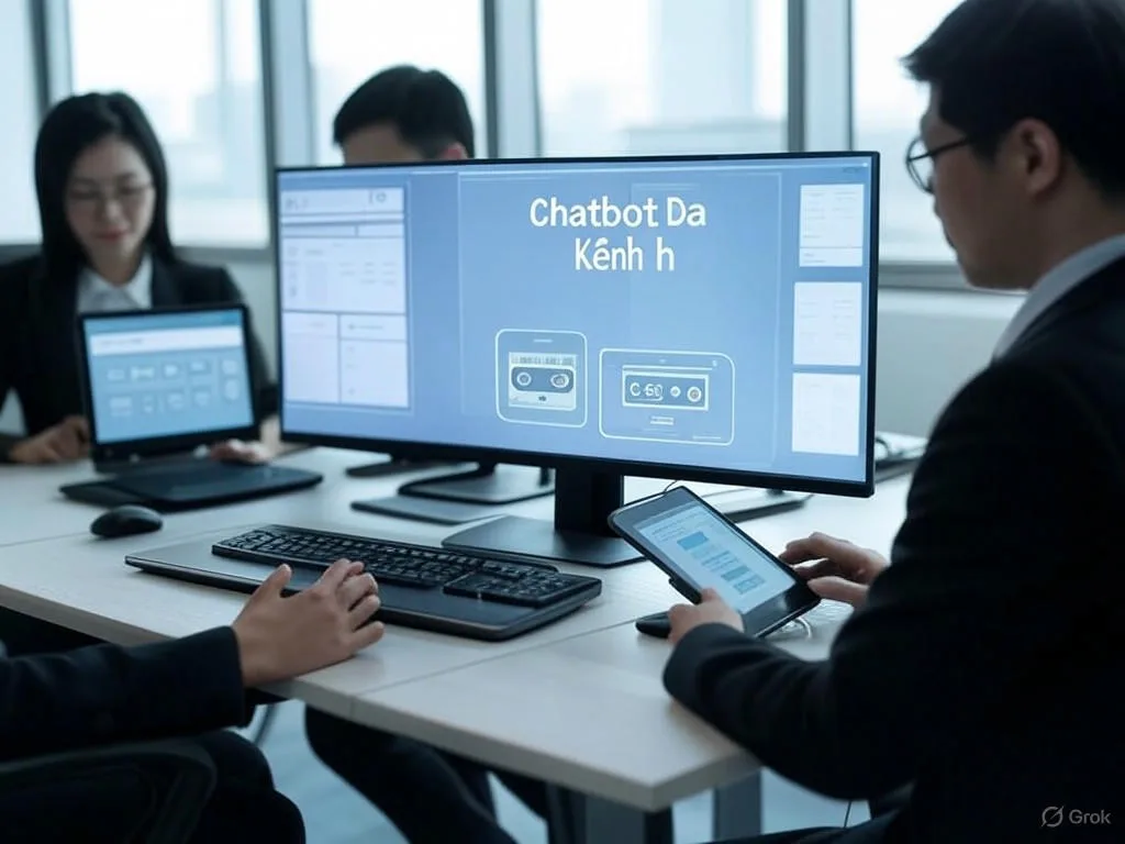 Hình ảnh hệ thống chatbot B2B đa kênh trong văn phòng hiện đại, với ba chuyên gia Việt Nam sử dụng máy tính, điện thoại thông minh và máy tính bảng để tương tác nhanh chóng với giao diện chatbot đơn giản, hiển thị \