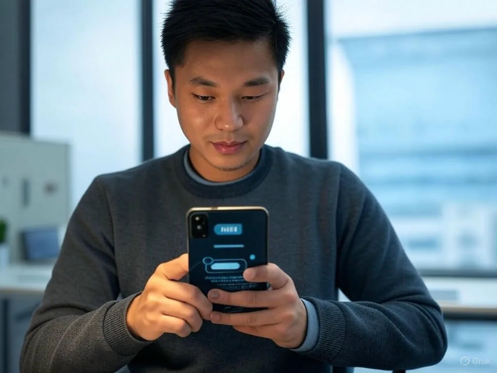 Một chuyên gia trẻ người Việt đang sử dụng smartphone để tương tác với chatbot B2B trong môi trường văn phòng, với màn hình hiển thị 'AMI' để xử lý các truy vấn kinh doanh.