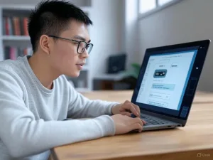Một sinh viên Việt Nam đang tập trung tương tác với Chatbot AI cho trung tâm tiếng Anh trên laptop, với cửa sổ chatbot hiển thị thông điệp "How can I help you?".