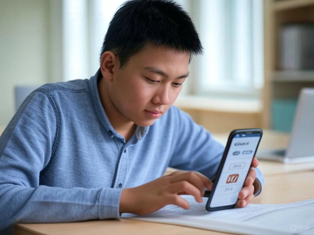 Học sinh Việt Nam trẻ tuổi đang tập trung sử dụng Chatbot AI cho trung tâm tiếng Anh trên điện thoại, với giao diện hiển thị \