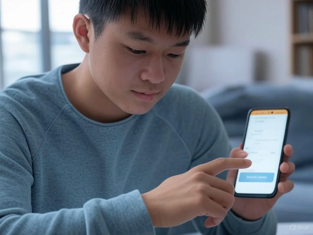 Học sinh trẻ người Việt đang tương tác với Chatbot AI cho trung tâm tiếng Anh qua smartphone, xem giao diện chat đơn giản với \