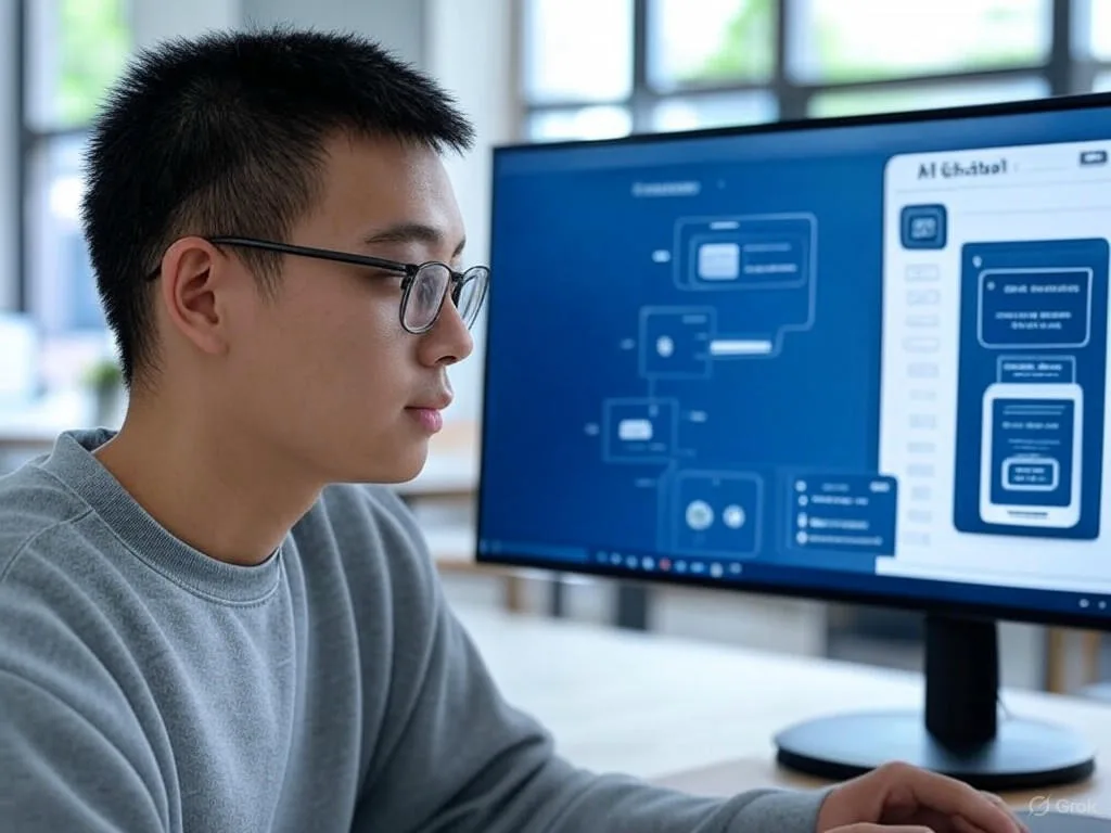 Học sinh trẻ người Việt đang tương tác với Chatbot AI cho trung tâm tiếng Anh trên máy tính trong môi trường học tiếng Anh hiện đại, thể hiện sự hiệu quả và hấp dẫn.