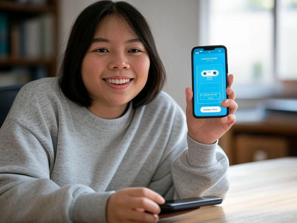 Một người trẻ tuổi người Việt đang mỉm cười khi tương tác với Chatbot AI cho trung tâm tiếng Anh trên điện thoại thông minh, với giao diện chat hiển thị \