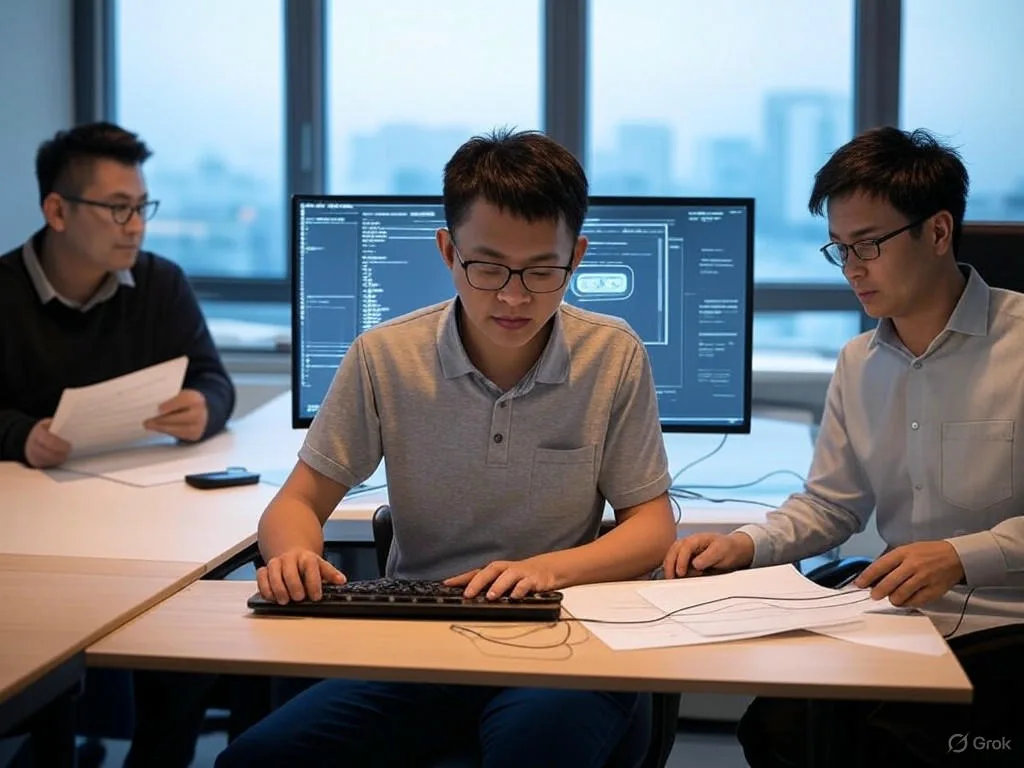Ba nhà phát triển Việt Nam hợp tác trong văn phòng hiện đại, với một người xem giao diện chatbot AI cho trung tâm tiếng Anh trên máy tính, người khác kiểm tra kịch bản trên giấy, và người thứ ba kết nối dây để tích hợp hệ thống.