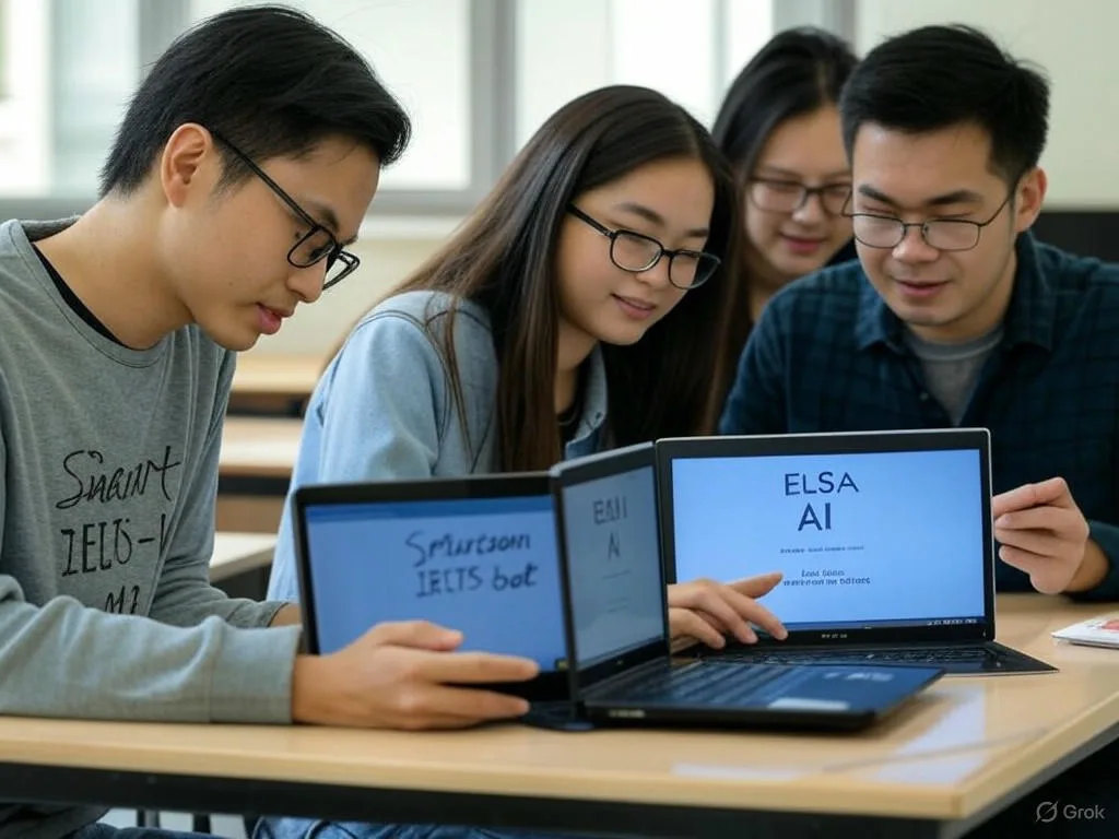 Ba học sinh Việt Nam trong lớp học hiện đại đang hợp tác trên laptop và máy tính bảng với Chatbot AI cho trung tâm tiếng Anh, thể hiện sự tương tác vui vẻ và tập trung vào các công cụ học tiếng Anh.