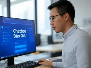 Một chuyên gia trẻ người Việt đang xem giao diện chatbot báo giá trên màn hình máy tính trong văn phòng hiện đại.