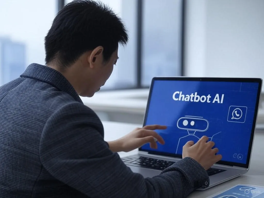 Một chuyên gia kinh doanh Việt Nam đang sử dụng chatbot báo giá trên laptop trong văn phòng hiện đại, với giao diện hiển thị 'Chatbot AI' và biểu tượng WhatsApp, Slack mờ ở nền.