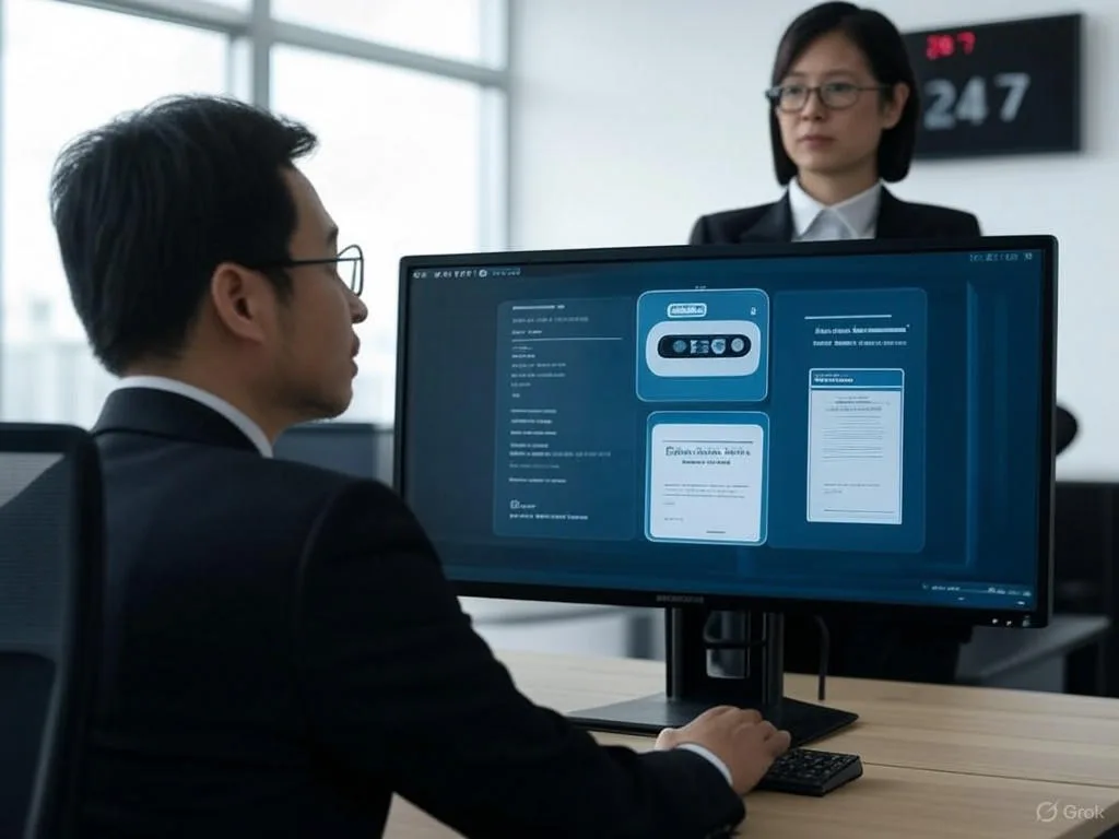 Hai chuyên gia Việt Nam đang tương tác với chatbot báo giá trong văn phòng hiện đại, màn hình hiển thị báo giá và hợp đồng để thể hiện hiệu quả tự động hóa 24/7.