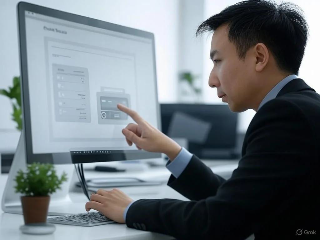 Một chuyên gia kinh doanh Việt Nam đang tương tác với chatbot báo giá trên máy tính, minh họa quy trình báo giá B2B với nhập dữ liệu và tài liệu liên quan.