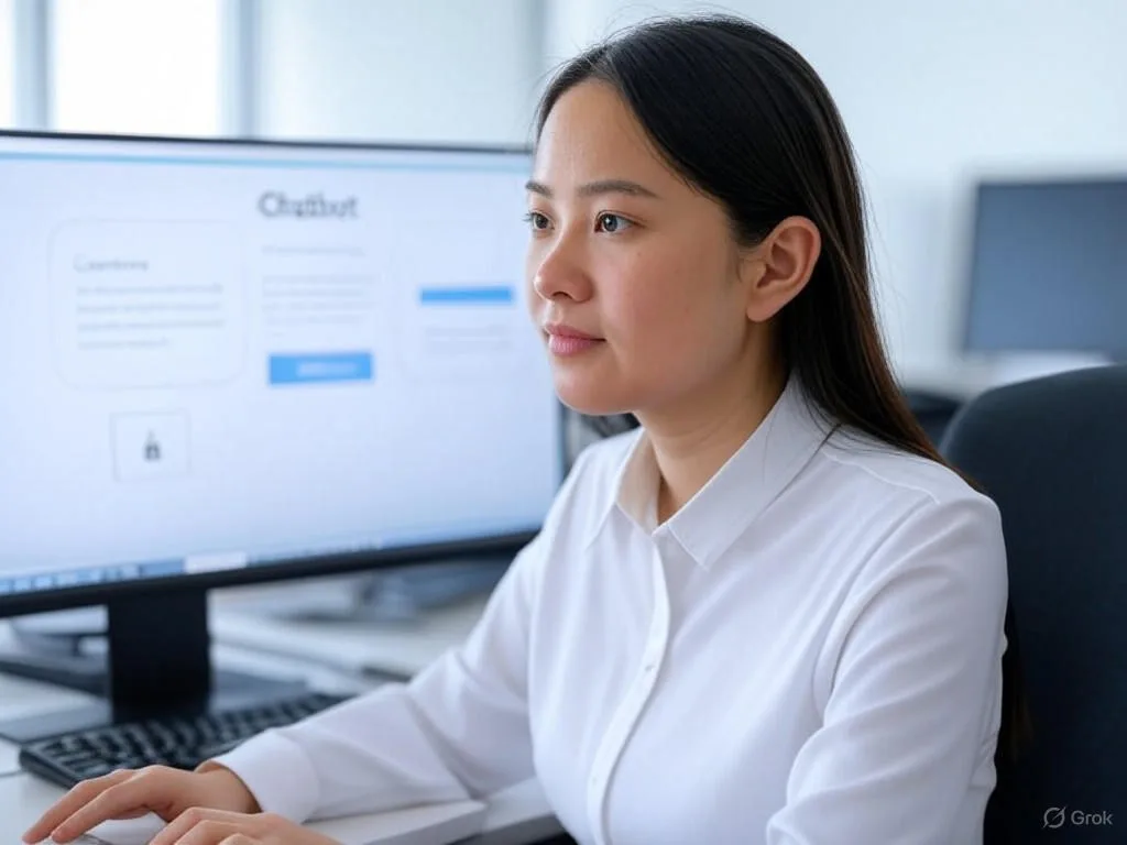 Đại diện dịch vụ khách hàng người Việt tại bàn làm việc, đang tương tác với chatbot báo giá trên màn hình máy tính, với biểu tượng khóa cho bảo mật dữ liệu và giao diện đơn giản.