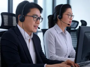 Hai nhân viên dịch vụ khách hàng Việt Nam đang tập trung vào màn hình hiển thị AI phân tích cuộc gọi trong trung tâm gọi hiện đại, thể hiện sự hiệu quả và tích hợp công nghệ.