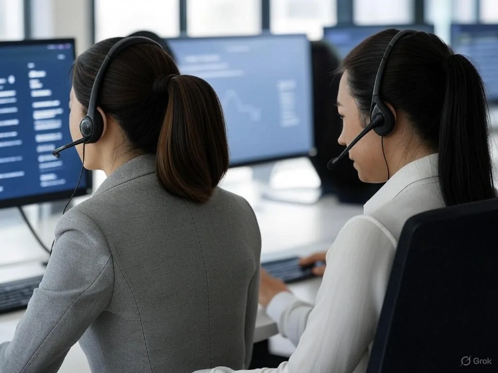 Ba nhân viên dịch vụ khách hàng Việt Nam trong trung tâm gọi hiện đại, sử dụng tai nghe và máy tính với giao diện AI phân tích cuộc gọi.