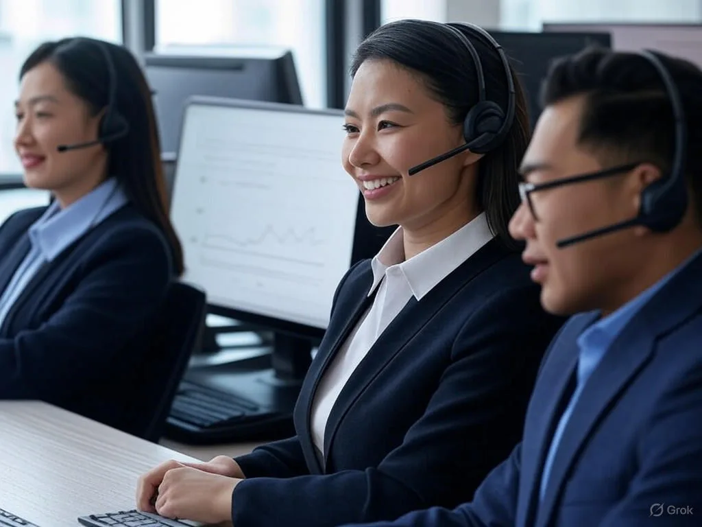 Hình ảnh trung tâm gọi hiện đại với ba nhân viên dịch vụ khách hàng người Việt Nam đang sử dụng AI phân tích cuộc gọi, một người xem biểu đồ cải thiện hiệu suất, một người trò chuyện tích cực qua tai nghe, và một người kiểm tra dữ liệu phản hồi, nhấn mạnh môi trường chuyên nghiệp và sự hài lòng.