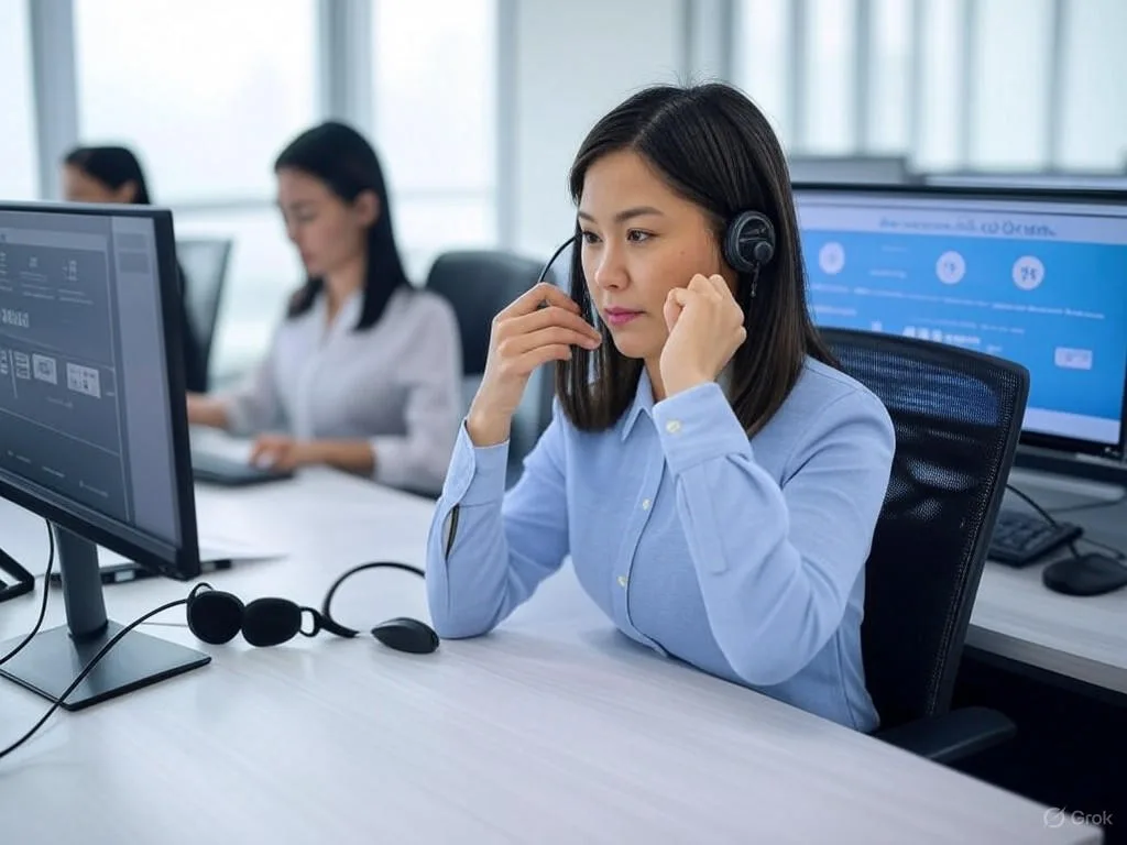 Hình ảnh trung tâm cuộc gọi hiện đại của Việt Nam với AI phân tích cuộc gọi: Một nhân viên đang nhận cuộc gọi tại bàn làm việc, với màn hình hiển thị biểu tượng cho chuyển đổi giọng nói thành văn bản và phân tích ngôn ngữ tự nhiên, kèm văn bản \
