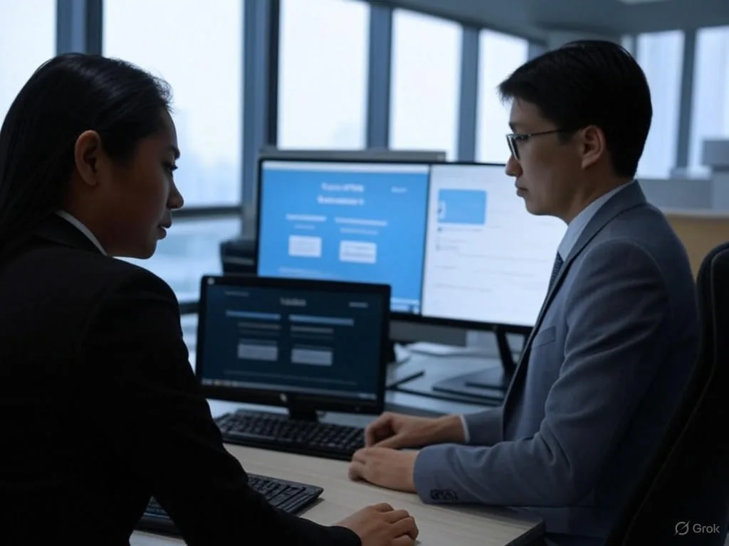 Hai chuyên gia Việt Nam đang hợp tác trong văn phòng hiện đại để phân tích cuộc gọi bằng AI, một người xem giao diện Callbot với \