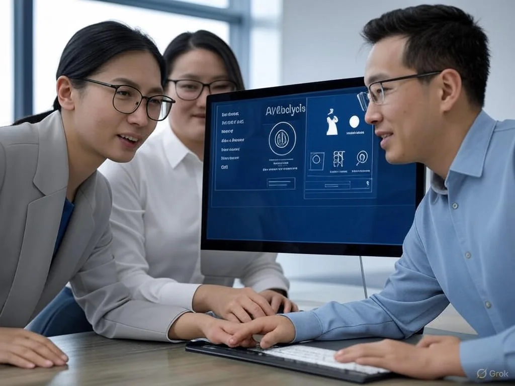 Ba chuyên gia kinh doanh Việt Nam đang thảo luận về AI phân tích cuộc gọi trong văn phòng hiện đại, chỉ vào các biểu tượng trên màn hình máy tính đại diện cho tích hợp, độ chính xác, tùy chỉnh, khả năng mở rộng và ROI.