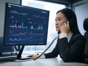 Một nhân viên dịch vụ khách hàng người Việt đang tập trung vào cuộc gọi điện thoại trong văn phòng hiện đại, với màn hình máy tính hiển thị biểu đồ AI phân tích cảm xúc bao gồm các nhãn như 'Happy' và 'Angry'.