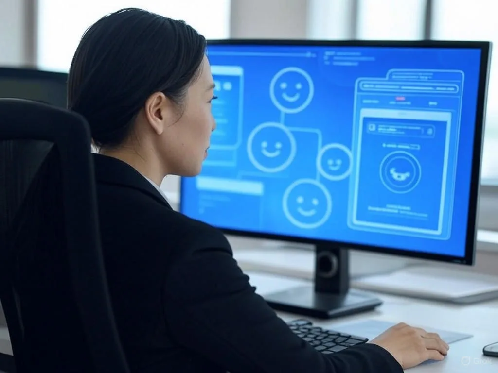 Hình ảnh một nhân viên dịch vụ khách hàng người Việt đang ngồi làm việc trong văn phòng hiện đại, trước màn hình máy tính hiển thị giao diện chatbot AI phân tích cảm xúc với các biểu tượng cảm xúc như khuôn mặt vui vẻ hoặc trung lập.