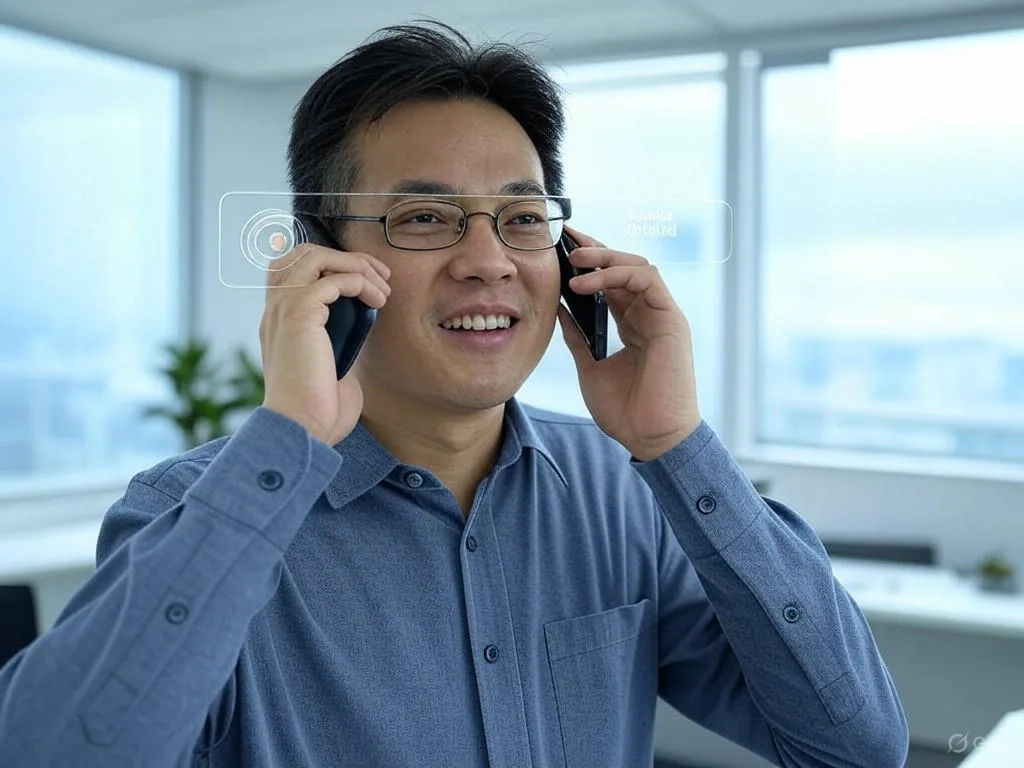 Khách hàng Việt Nam đang nói chuyện qua điện thoại trong văn phòng hiện đại với AI phân tích cảm xúc hiển thị chỉ báo cho biểu hiện vui vẻ hoặc giận dữ.