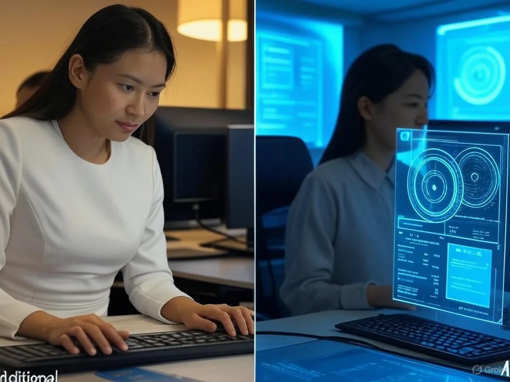 Hình ảnh minh họa cho AI phân tích cảm xúc: Cảnh chia đôi với nhân viên call center Việt Nam hỗ trợ khách hàng bên trái có chữ 'Traditional', và hệ thống AI phân tích cảm xúc với giao diện kỹ thuật số bên phải có chữ 'AI'.