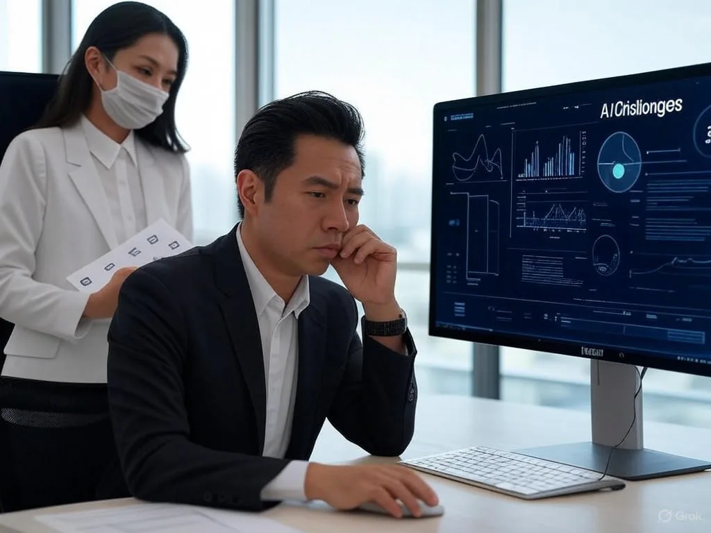 Hai chuyên gia Việt Nam trong văn phòng hiện đại đang thảo luận về thách thức của AI phân tích cảm xúc, một người xem dữ liệu cảm xúc trên màn hình máy tính với biểu đồ và biểu tượng khóa, người kia cầm tài liệu bảo mật, cả hai với biểu hiện suy nghĩ và lo lắng.