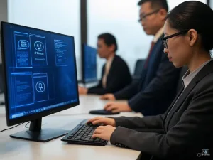 Hình ảnh nhân viên chăm sóc khách hàng Việt Nam tương tác với voicebot chăm sóc khách hàng trên máy tính và điện thoại trong văn phòng hiện đại, nhấn mạnh các yếu tố công nghệ như nhận diện giọng nói.