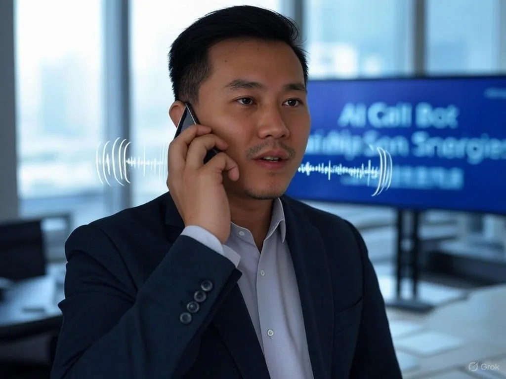 Một người Việt Nam trong văn phòng hiện đại đang nói chuyện qua điện thoại với Voicebot chăm sóc khách hàng, kèm sóng âm và màn hình hiển thị 'AI Call Bot'.
