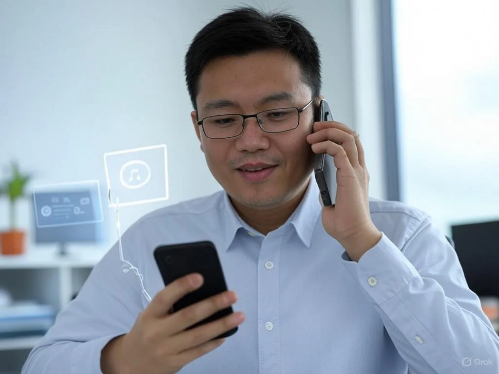 Hình ảnh khách hàng Việt Nam gọi điện cho voicebot chăm sóc khách hàng, với giao diện điện thoại, sóng âm chuyển thành văn bản, biểu tượng phân tích AI, và chuyển tiếp đến nhân viên hỗ trợ, kèm chữ \