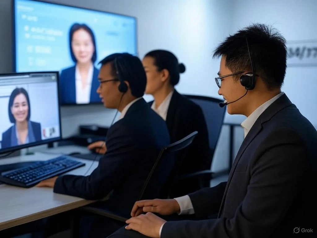Cảnh trung tâm gọi hiện đại với giao diện Voicebot chăm sóc khách hàng trên màn hình, hai nhân viên người Việt đang hỗ trợ khách hàng, biển hiệu 24/7, và khách hàng hài lòng trong cuộc gọi video.