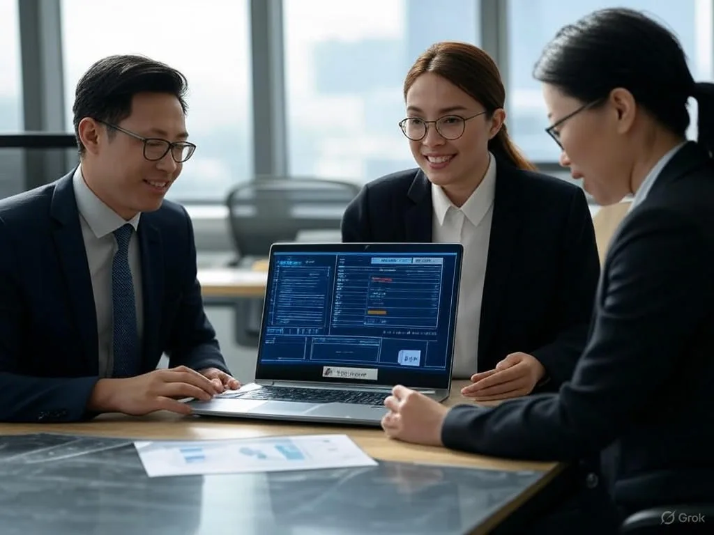 Hình ảnh nhóm 3 chuyên gia Việt Nam trong văn phòng hiện đại hợp tác giải quyết thách thức của Voicebot chăm sóc khách hàng, với máy chủ an toàn, công cụ dịch ngôn ngữ, biểu đồ ngân sách và biểu tượng cảm xúc tinh tế.