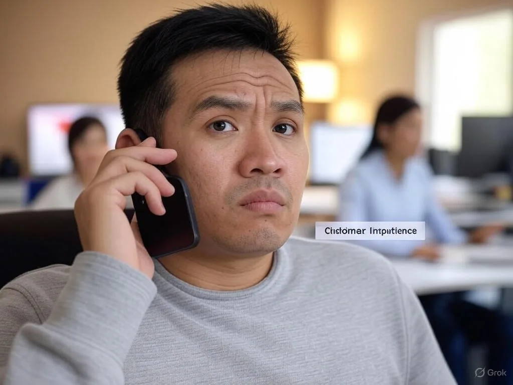 Khách hàng châu Á bực tức gọi điện cho AI Call Bot với vẻ mặt thiếu kiên nhẫn, ngồi ở nhà cầm điện thoại, hậu cảnh có nhân viên call center bận rộn và mệt mỏi.