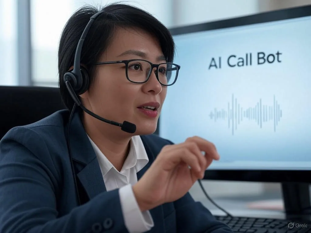 Một người Việt Nam trong văn phòng hiện đại đang sử dụng hệ thống AI Call Bot, nói vào tai nghe với màn hình máy tính hiển thị 