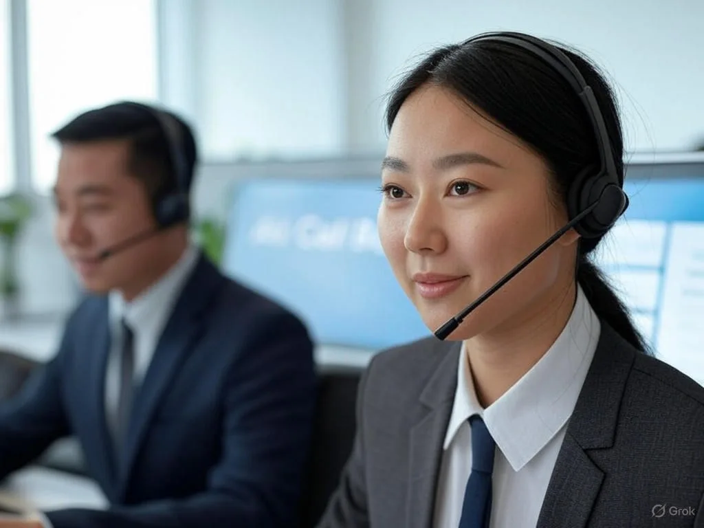 Một trung tâm gọi hiện đại với AI Call Bot xử lý tương tác khách hàng hiệu quả, nơi một nhân viên Châu Á hỗ trợ khách hàng qua màn hình hiển thị 'AI Call Bot', một nhân viên khác theo dõi cuộc gọi, cùng với headset và nhiều màn hình nhấn mạnh giảm thời gian chờ và nâng cao trải nghiệm.