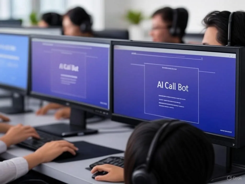 Trung tâm gọi điện hiện đại Việt Nam với AI Call Bot: Hình ảnh ba nhân viên dịch vụ khách hàng người châu Á tại chỗ làm việc, sử dụng tai nghe và màn hình hiển thị giao diện AI đơn giản.
