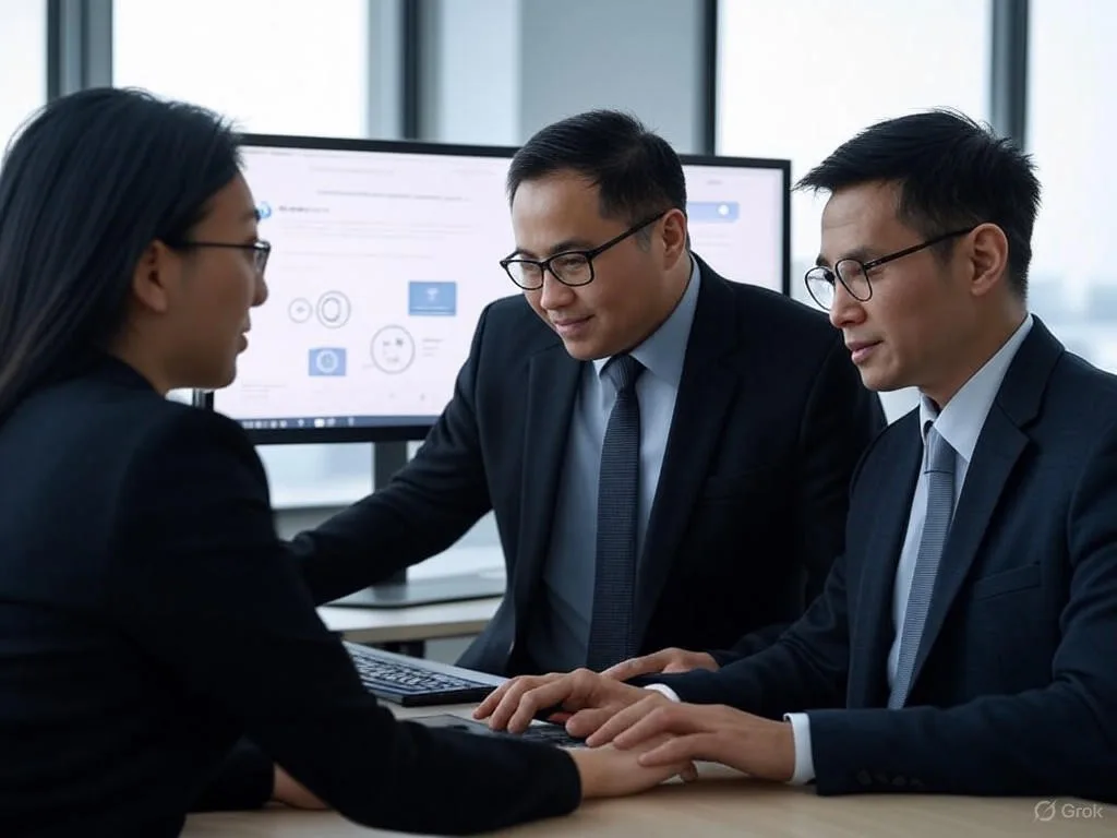 Ba chuyên gia châu Á/Việt Nam đang hợp tác xem xét hệ thống AI Call Bot trên màn hình máy tính trong văn phòng hiện đại, với biểu đồ chi phí, biểu tượng tích hợp và biểu tượng dịch vụ khách hàng ở nền, kèm văn bản 