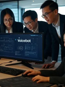 Ba chuyên gia châu Á hợp tác xung quanh giao diện voicebot với các biểu đồ phân tích cuộc gọi trong trung tâm gọi điện hiện đại Việt Nam.
