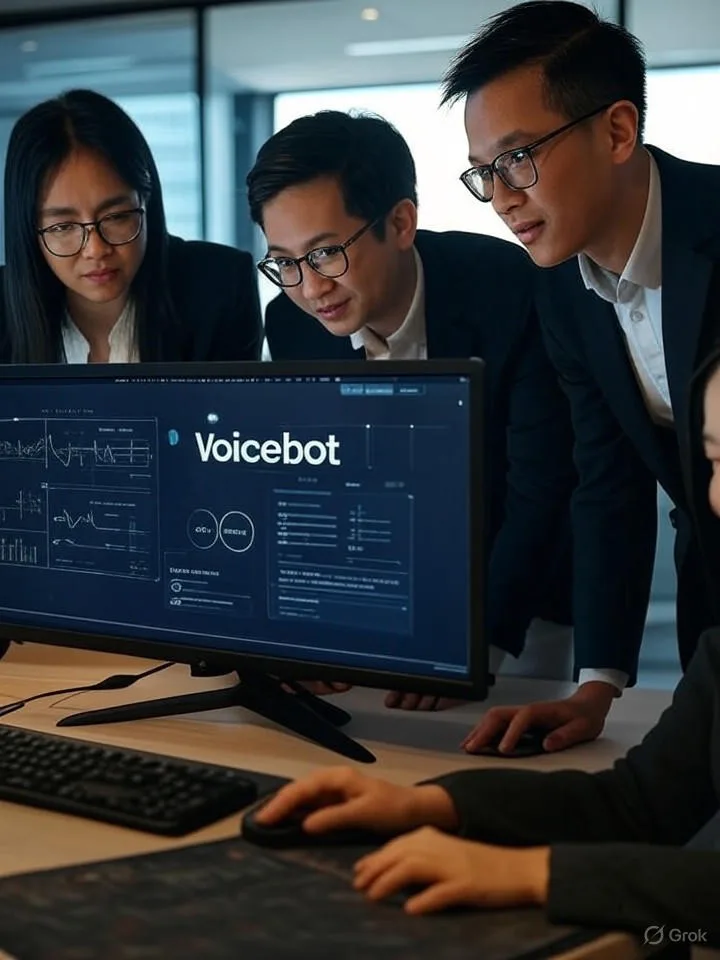 Ba chuyên gia châu Á hợp tác xung quanh giao diện voicebot với các biểu đồ phân tích cuộc gọi trong trung tâm gọi điện hiện đại Việt Nam.