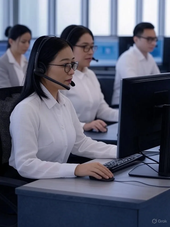 Phân tích cuộc gọi tại trung tâm gọi hiện đại Việt Nam với công nghệ AI, ba nhân viên đang làm việc tại máy tính có giao diện chatbot và màn hình hiển thị "5M Calls/Month".