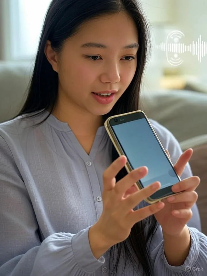 Một người Việt Nam đang nói vào điện thoại thông minh để phân tích cuộc gọi, với các sóng âm thanh nhẹ nhàng ở nền.