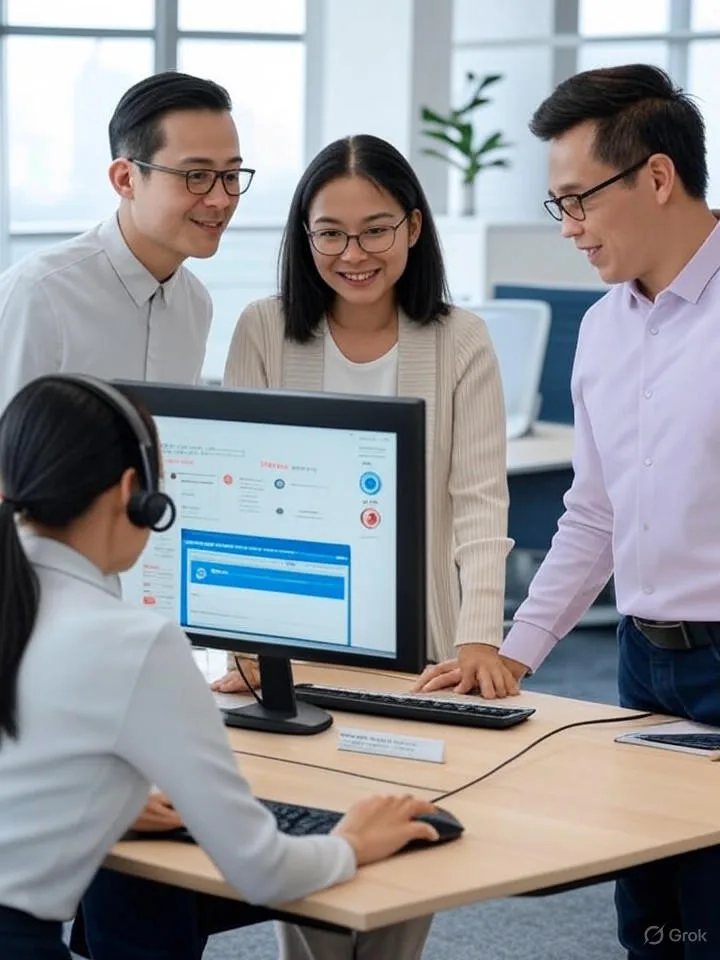 Ba chuyên gia Việt Nam đang hợp tác trong môi trường trung tâm gọi hiện đại, sử dụng công cụ Voicebot và phân tích cuộc gọi để tự động hóa, cá nhân hóa khách hàng và nâng cao dịch vụ, với văn bản "Voicebot Benefits".