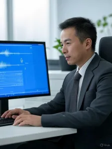 Một chuyên gia Việt Nam đang tương tác với giao diện Voicebot trên màn hình, hiển thị các hình sóng AI tinh tế và microphone trong môi trường dịch vụ khách hàng hiện đại.