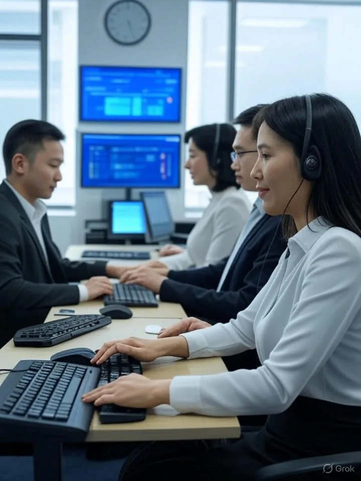 Hình ảnh trung tâm dịch vụ khách hàng hiện đại với Voicebot, nơi các nhân viên người Việt đang tương tác với giao diện giọng nói AI trên máy tính trong môi trường bận rộn nhưng hiệu quả. Hình ảnh trung tâm dịch vụ khách hàng hiện đại với Voicebot, nơi các nhân viên người Việt đang tương tác với giao diện giọng nói AI trên máy tính trong môi trường bận rộn nhưng hiệu quả.