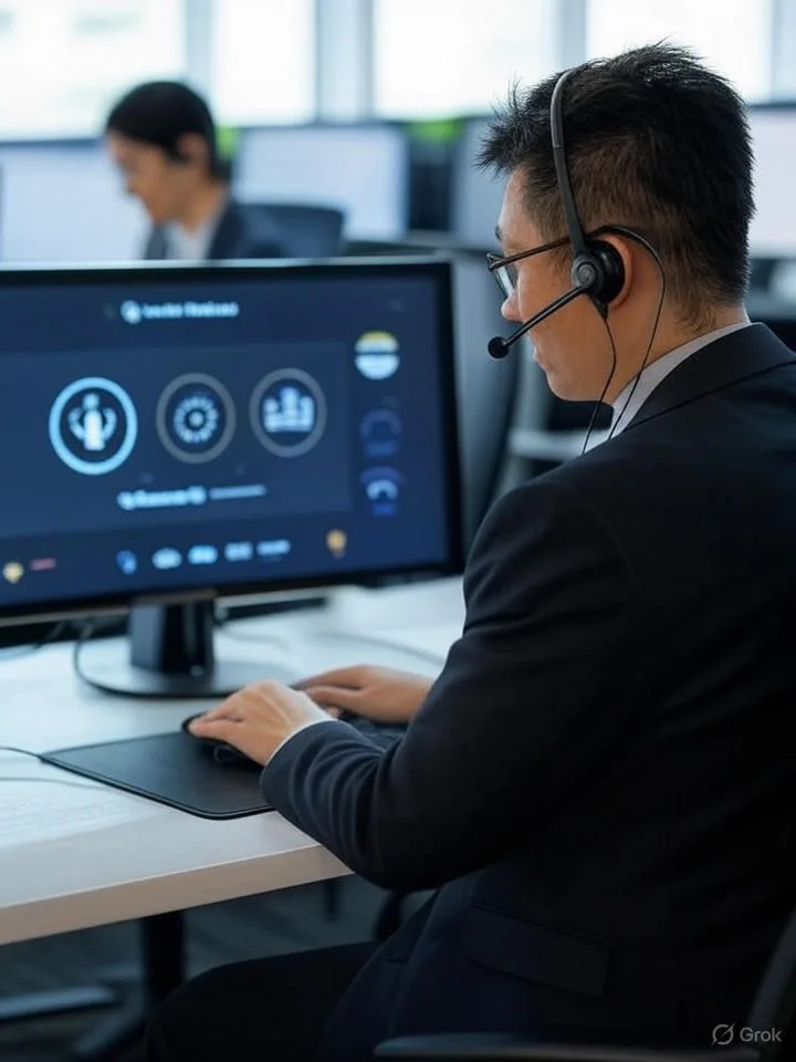 Hai chuyên gia Việt Nam trong trung tâm gọi hiện đại, một người nói qua tai nghe và xem bảng điều khiển AI với biểu tượng phân tích giọng nói, chỉ số cảm xúc và chữ \ Hai chuyên gia Việt Nam trong trung tâm gọi hiện đại, một người nói qua tai nghe và xem bảng điều khiển AI với biểu tượng phân tích giọng nói, chỉ số cảm xúc và chữ \