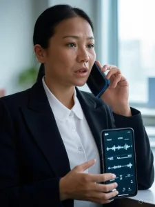 Một người phụ nữ Việt Nam trong văn phòng hiện đại đang nói vào điện thoại thông minh với lớp phủ kỹ thuật số tinh tế hiển thị sóng âm thanh và chỉ báo cảm xúc tích cực, tiêu cực, thể hiện tương tác cảm xúc với Voicebot.